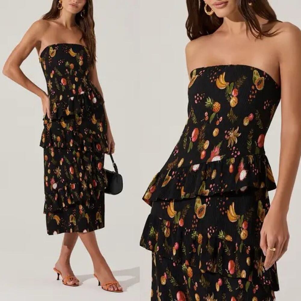 ASTR The Label Plisse Asymmetric Tiered Ruffle Strapless Midi Dress L